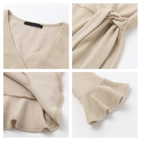 Rib-Knit Beige Ruffle Detail Waist Ties Mini Dress - Picture 7 of 8